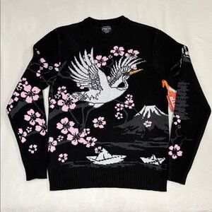 Japanese Cherry Tree Blossom, Crane and Mount Fuji Knit Sweater - brand new